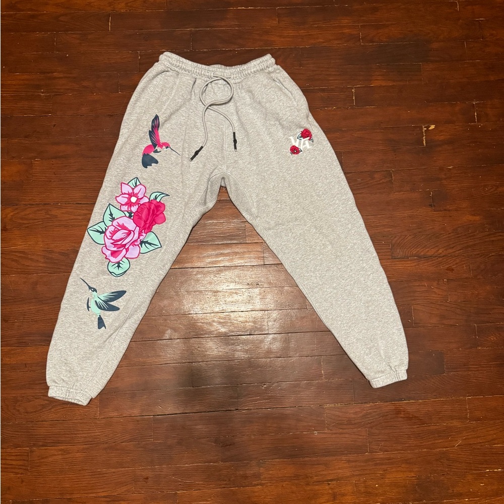 YoungLA Gray Sweatpants with Pink Floral & Teal Hummingbird